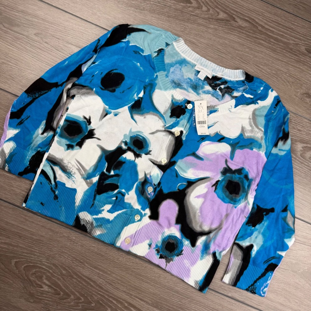 New York & Company Women Cardigan Floral Button Front Blue Purple XL
